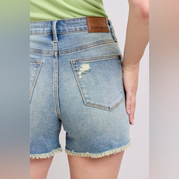 Judy Blue Full Size High Rise Washed Fly Stitch Detail and Destroy Denim Shorts - Picture 3 of 16